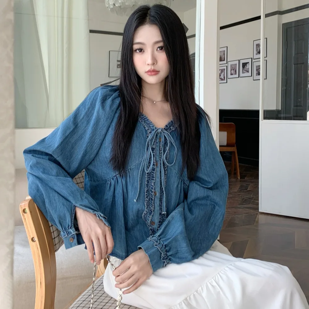 

Women's Edible Tree Fungus Denim Shirt Korean V-neck Single Breasted Lace-up Shirts Spring New Casual Fashion Female Blue Blouse