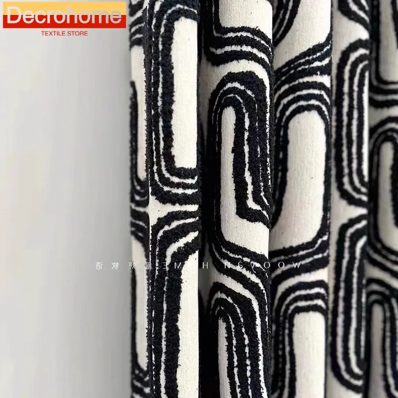 

Black and White Flocking Thickened Jacquard Chenille Curtains for Living Room Bedroom French Window Balcony Window Customized