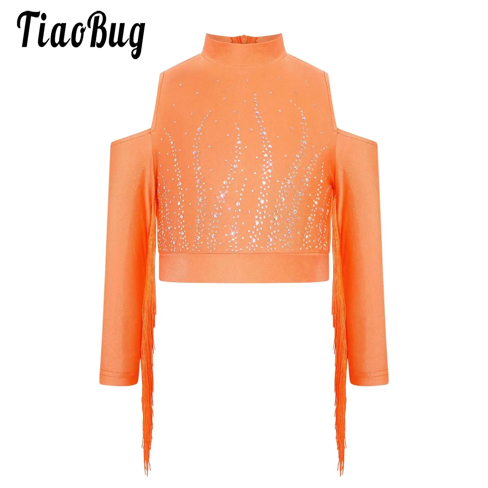 

Kids Girls Latin Jazz Tango Cha-cha Salsa Cropped Shirts Performance Tops Rhinestones Cold Shoulder Tassels Long Sleeves Zip Top