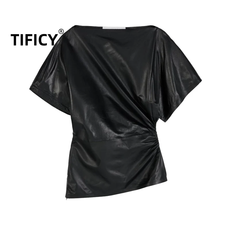 

Spring and Summer New Product women's Temperament Slim Fit One Necked Short Sleeved Pleated Decorative Leather T-shirts Top