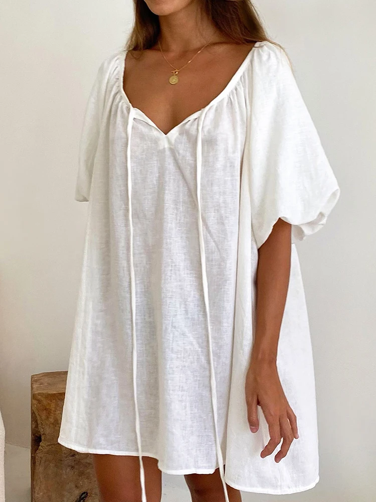 Linad-vestido de noche holgado para mujer, ropa de dormir blanca de manga corta con cuello en V, vestidos de algodón sólidos para mujer, pijamas informales de verano 2024