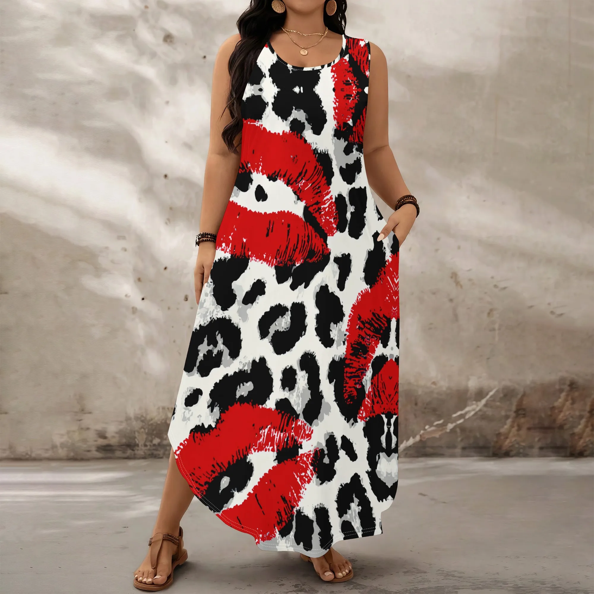 

Red Lips Leopard Print Plus Size Dress XL‑6XL Sleeveless Loose Fit Asymmetrical Hem for Pride Parade, Valentine’s or Night Out