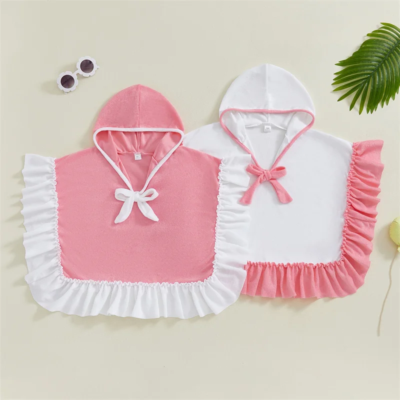 Cathery Toddler Girls Hooded Poncho Towels Contrast Color Bow Ruffles Loose Fit Casual Beach Robes Cover-ups Sleepwear Tops 2025