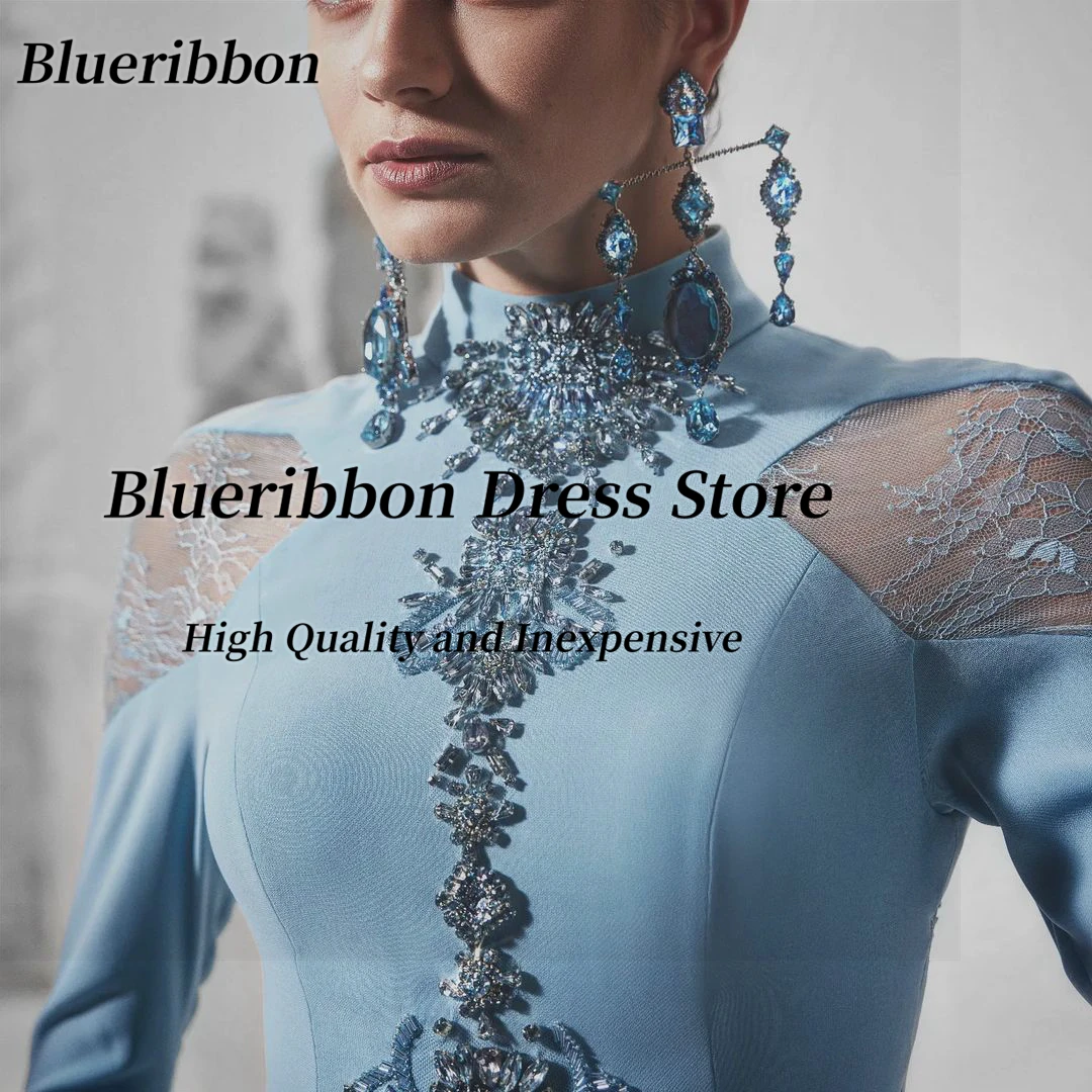 Blueribbon Haute Couture 2024 collo alto maniche lunghe abiti da sera piume decorazione in pizzo con perline abiti formali da ballo