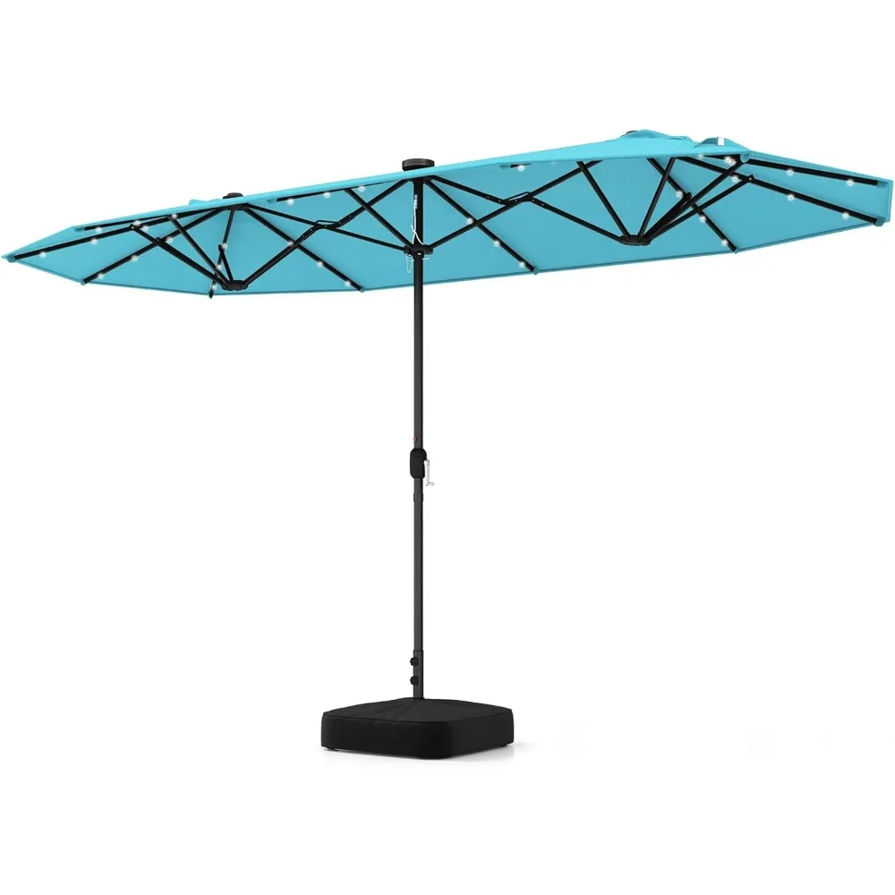 

13FT Double-sided Patio Umbrella with Solar Lights, Large Twin Table Umbrella with Crank Handle, Umbrella Base Included, Outdoo
