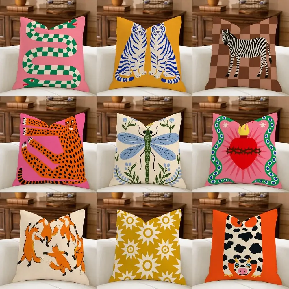 Eclectic Pink Orange Folk Art Cushion Cover Natural Breathable Durable Linen Printed Decor Pillow Case Sofa Bedroom