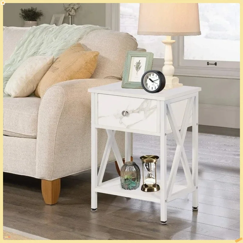 Modern Nightstand Set of 2 with Storage Shelf & Drawer, White End Table for Bedroom Living Room
