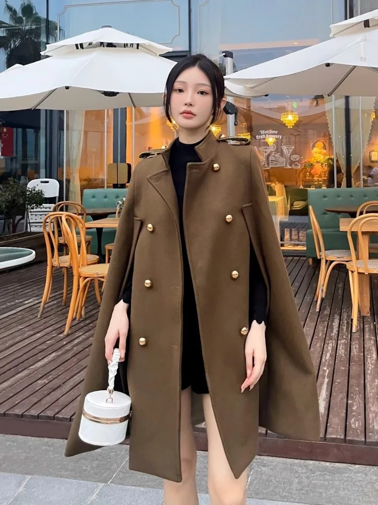 Autumn Winter Women Cloak Overcoat Stand Collar Double Breasted Loose Fit Middle Long Jacket Vintage Office Ladies Woolen Coat