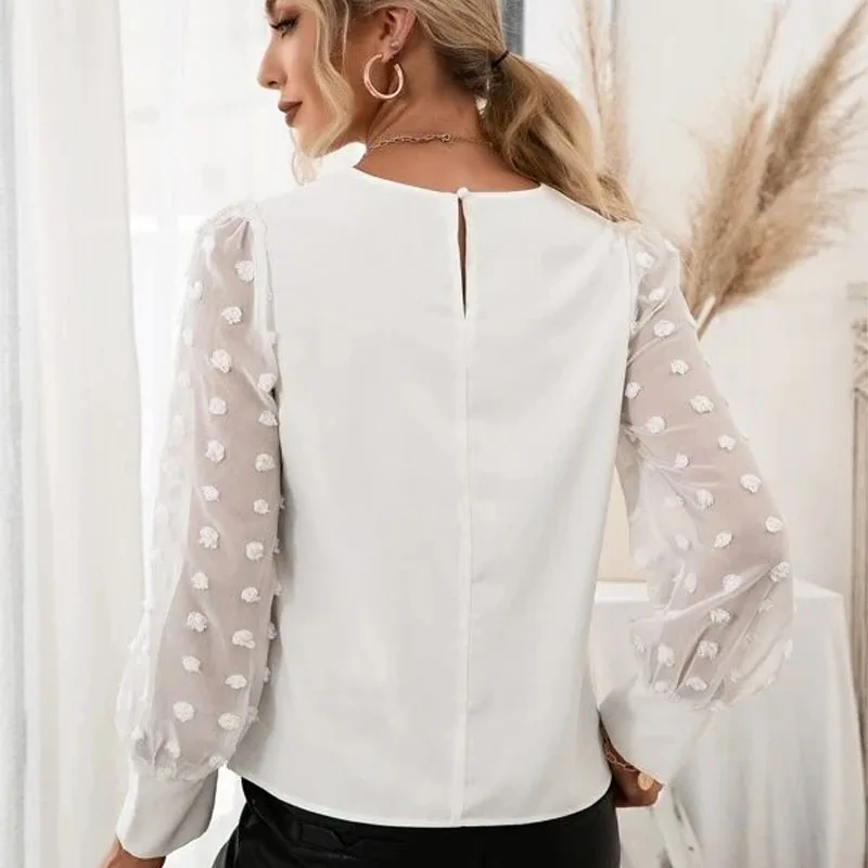 2023 Autumn Winter New Women\'s Fashion Elegant Splice Comfortable Versatile Round Neck Solid Jacquard Dot Long Sleeve Shirt