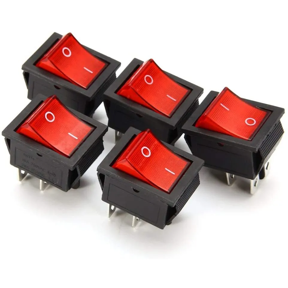 KCD4201 Rocker Switch Pack of 5 DPST Configuration 4 Pin 16A 250V 20A 125V with Red Illuminated Button for Industrial Equipment
