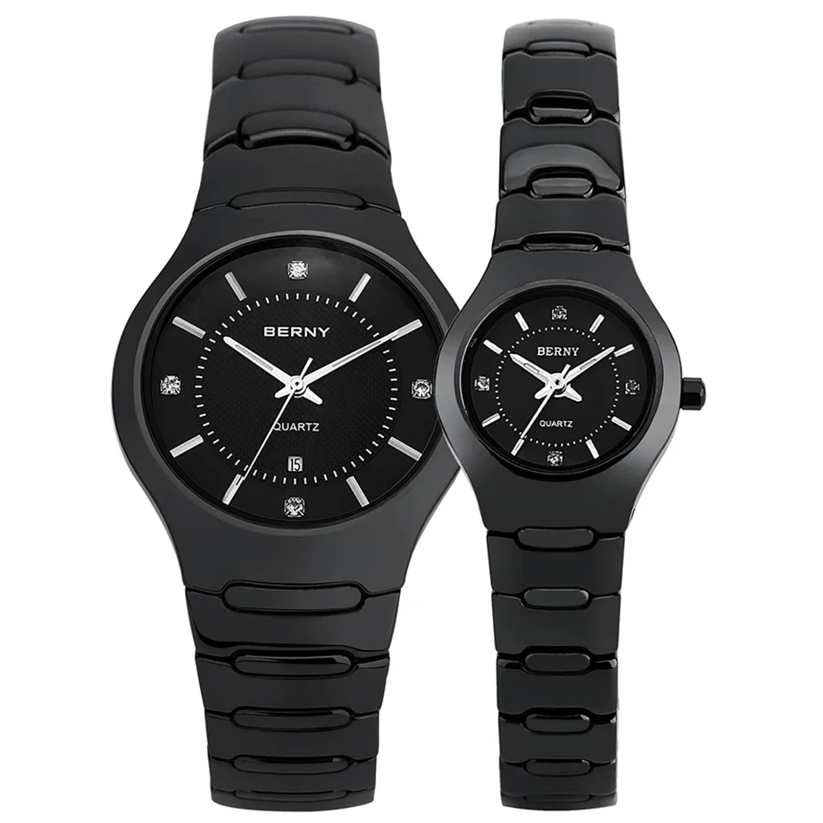 BERNY Couple Quart Watches Ceramic Braceletz Sapphire Crystal Wristwatch Men Auto Date Waterproof Ladies Clock for Women
