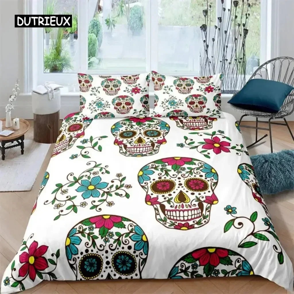 Funda nórdica con calavera de azúcar, juego de cama con esqueleto gótico, edredón Floral de Halloween, juego de funda de edredón doble completo para niñas, niños y adolescentes