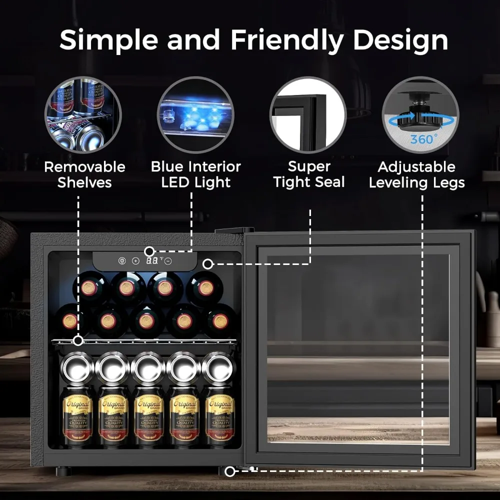 ثلاجة مشروبات صغيرة ومبرد ، باب زجاجي ، ثلاجة مشروبات ومبرد مع أرفف قابلة للتعديل ، 12 زجاجة ، 48 علبة