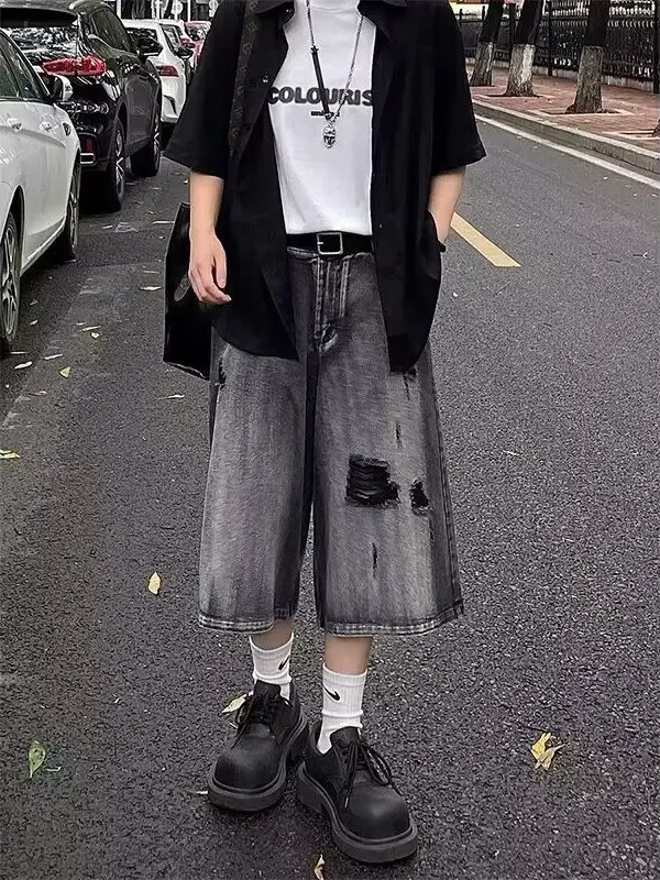 

Американские ретро-шорты из рваного денима, мужские летние модные свободные прямые повседневные брюки-капри, молодежные, популярные