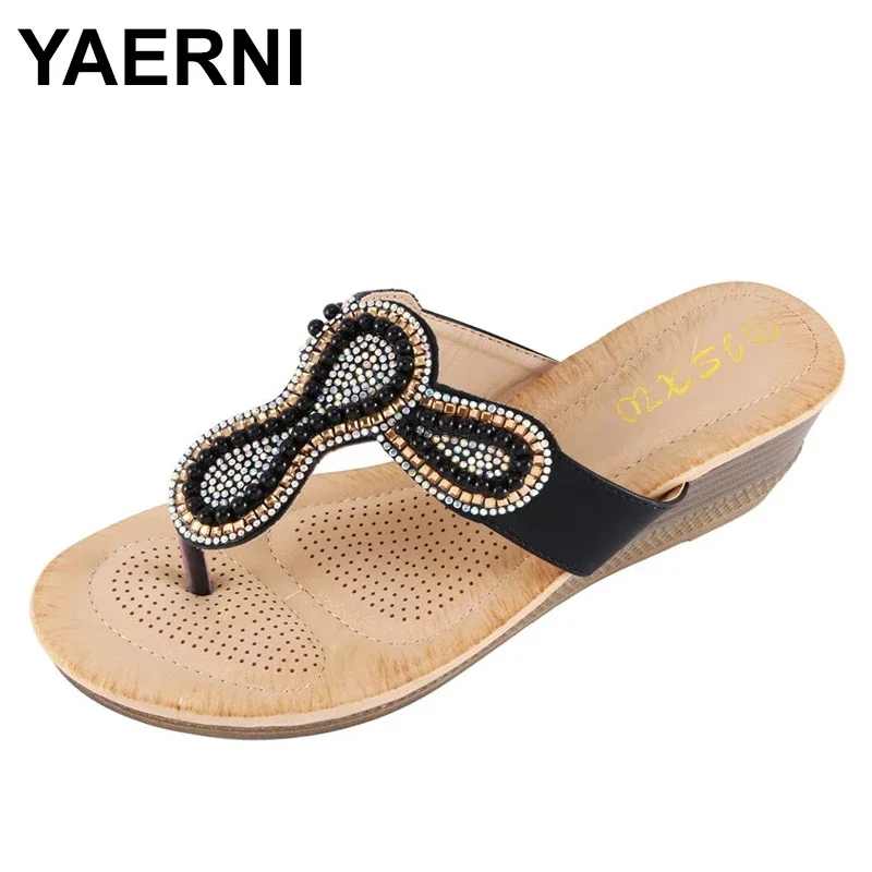 YAERNI  slippers for women accessories non-slip flat crystal flipping comfortable laptop Joker beaded slippers toe casual shoes