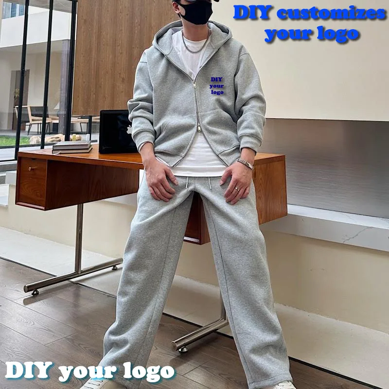 DIY customizes your logo for autumn and winter, new European and American casual zipper sports hat set, men's hoodie with pants