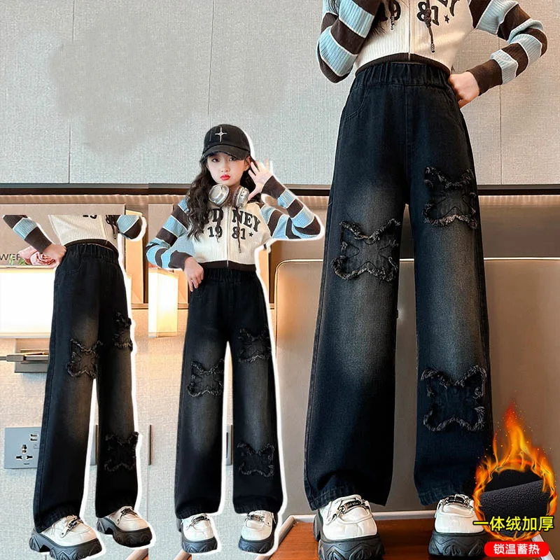 New Winter Kids Girl Thermal Jeans Pants with Butterfly Children Girls Black Grey Color Thick Warm Jeans Trousers For Teenagers