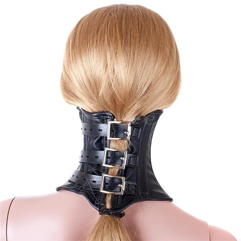 Lockable PU Leather Neck Collar Posture Restraints Roleplay Half/Full Face Mask Bondage Harness BDSM Adult Game Sex Toys