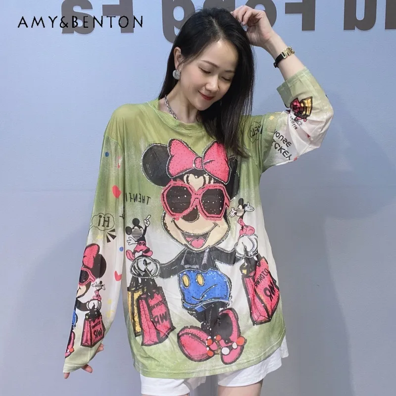 

Women's Fashion Printing Mesh Round Neck Long Sleeves Bottoms Tees Women's Summer Printed Oversized T-shirts Vacation Style Tops