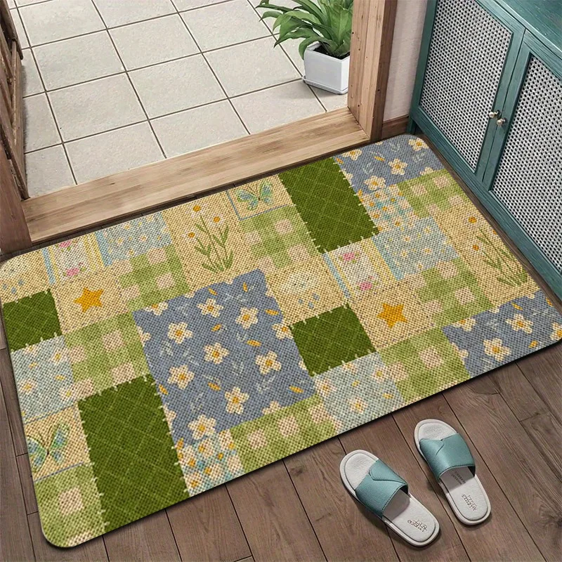 Boho Area Rug Geometric Striped Plaid Patchwork Woven Non-Slip Absorbent Doormat, Indoor Outdoor Entryway Kitchenm Floor Mat