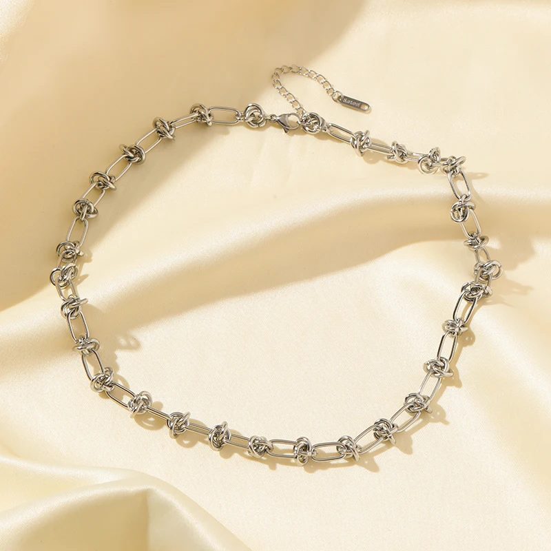 EILIECK 316L Edelstahl Metall Silberfarbenes geknotetes Ketten-Halsketten-Armband-Set für Frauen Neuer Trendschmuck Geschenk – Detail 11