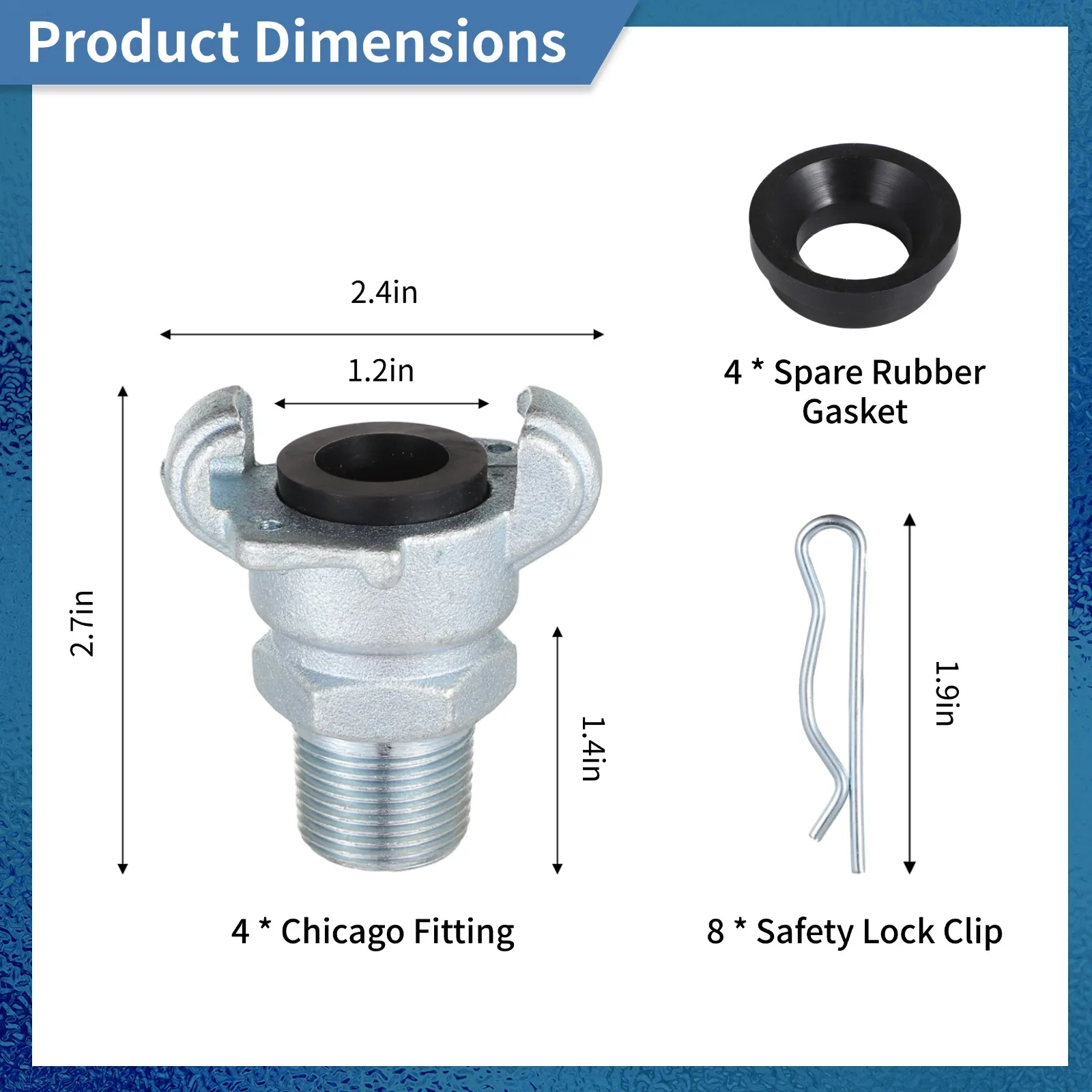 NPT Iron Air Hose Fittings 4 Sets 3/4" Male End Chicago Fitting Hose Coupling Air Hose Fitting Safety Clips Spare Rubber Gaskets