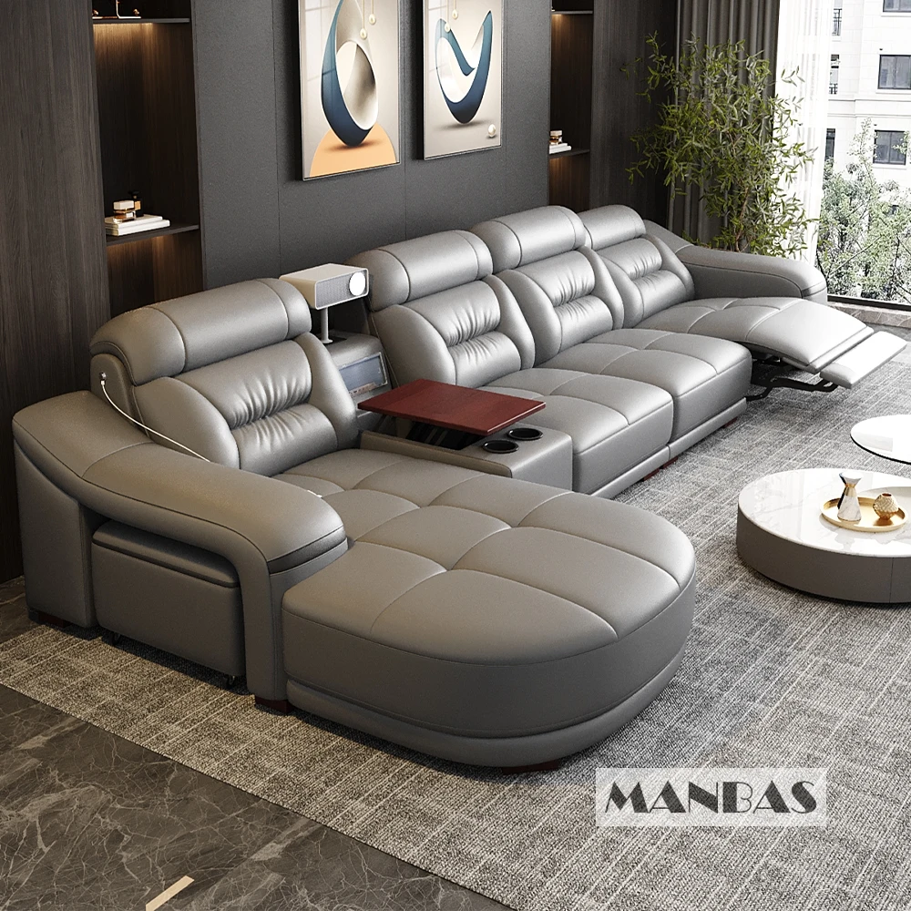 Linlamlim Genuine Leather Living Room Sofas Power Reclining Couch Electric Recliners With Projector, USB, Speaker & Cup Holder