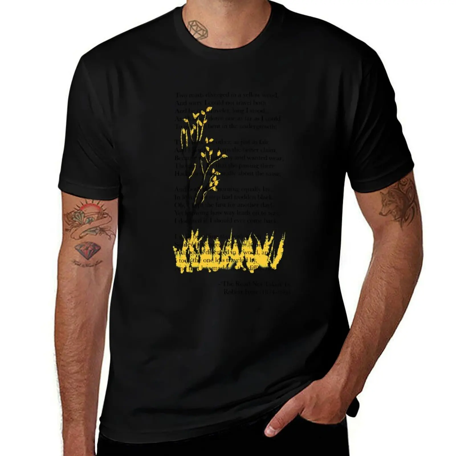 

‘The Road Not Taken’ by Robert Frost Art & text blend (Yellow) T-Shirt t shirt custom print T-Shirt