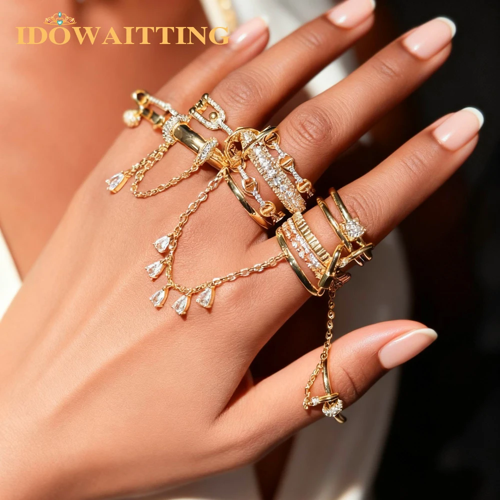 High Quality Micro Pave Bling CZ Stack Tassel Chain Ring 2025 New Engagement Band Multi Piece Stacking Finger Jewelry