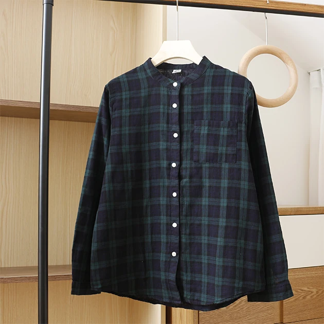 

High Quality Women 100% Cotton Yarn Blouse Shirt Stand-up and Thin Spring and Summer Green Plaid Shirts Blouses