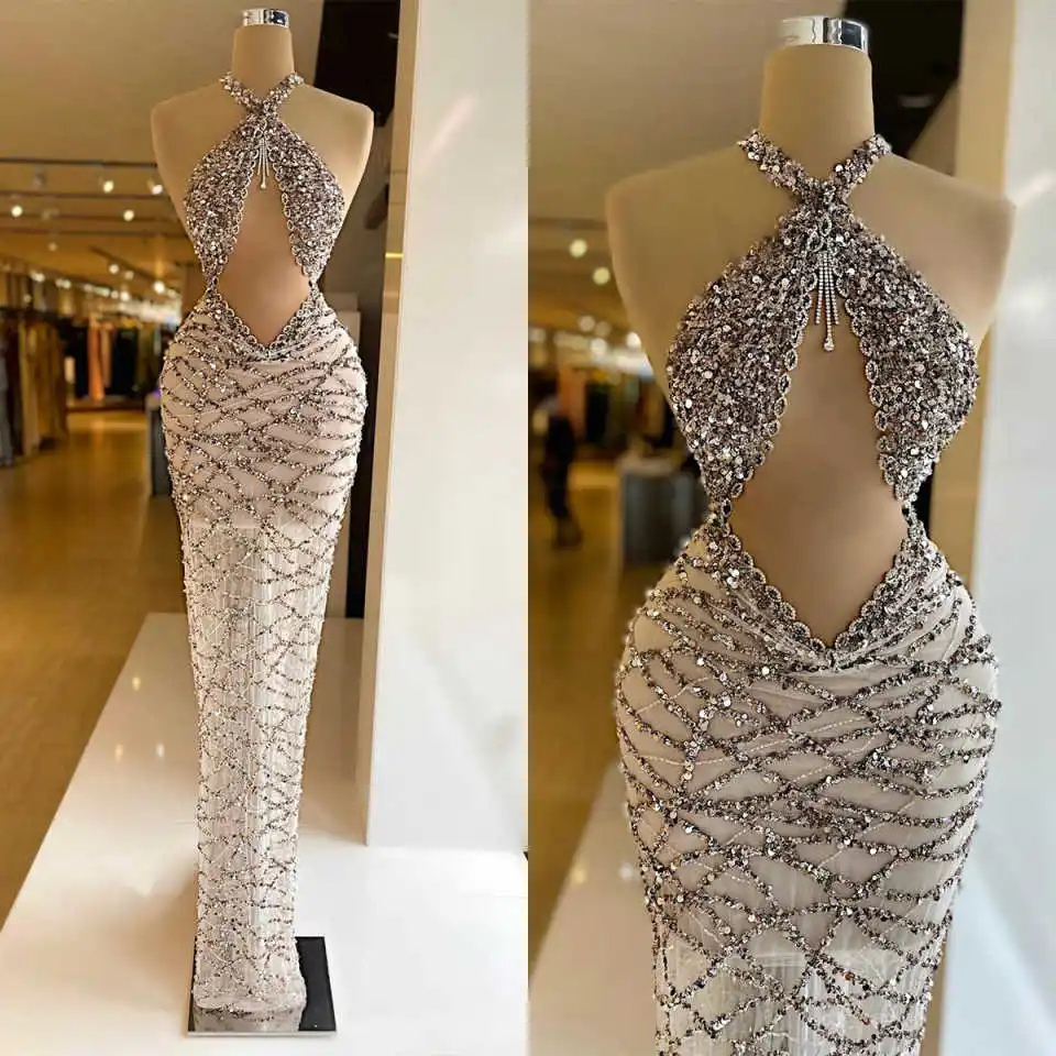 مثير الترتر الحفلة الراقصة الرسن الرقبة أكمام حورية البحر فساتين السهرة الطابق طول الخرز المشاهير حزب مخصص #1