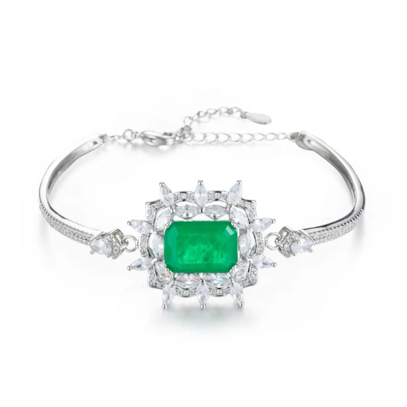 European and American Style Bracelet with Rectangular Inlaid Gemstone, Paraiba Emerald Women's Bracelet