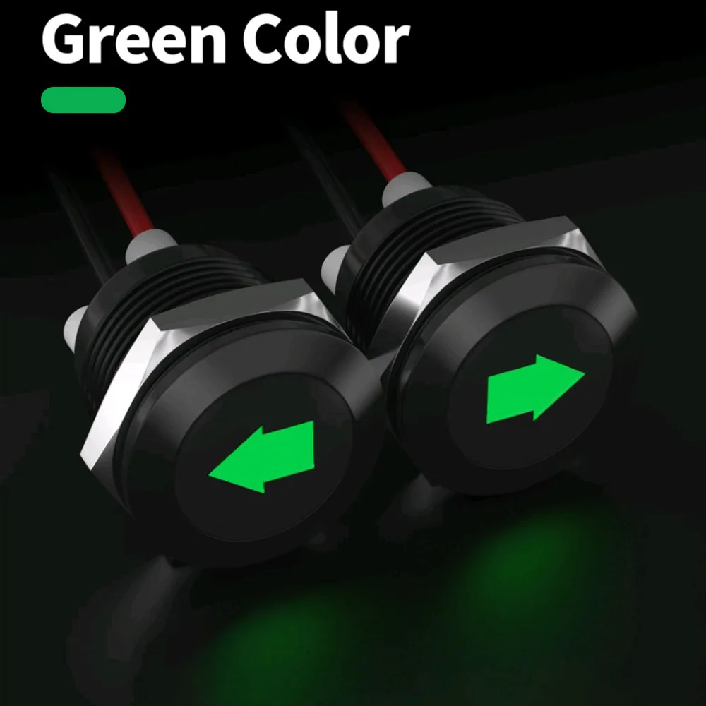 2Pcs Car Accessories 12mm Metal Turn Signal Indicator Light 12V Green Single Arrow Symbols Waterproof LED Dash Signal Lamp