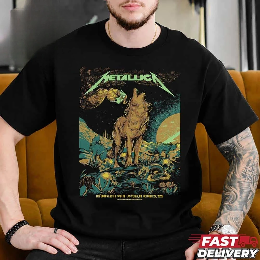 Metallica Life Burns Faster Night Four Las Vegas Event Poster T-Shirt Unisex Round Heavy Metal Concert Fan Graphic Tee