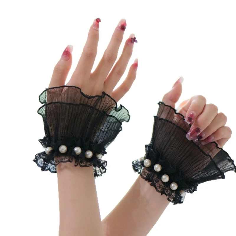 

E15F Decorative Hand Sleeves Ruffle Lace Cuff Covers Arm Sleeves With Pearls Decors