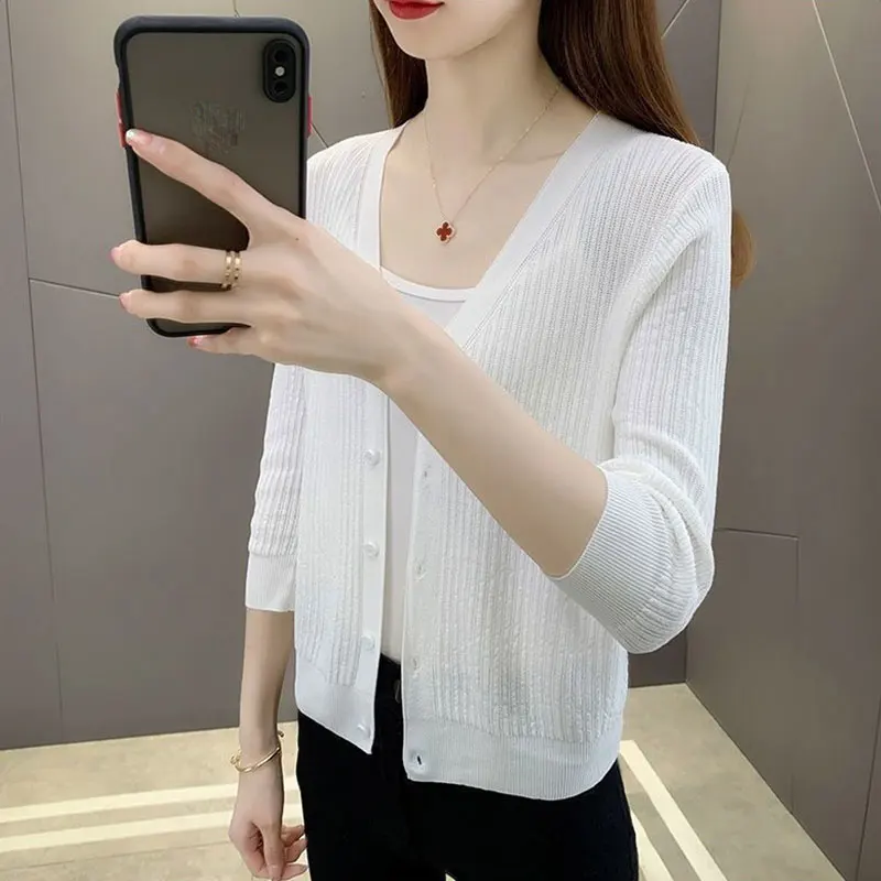 Women Summer Casual Simplicity Solid Color V-neck Long Sleeve Knitwear Women Clothes Fashion Office Lady Elegant All-match Tops