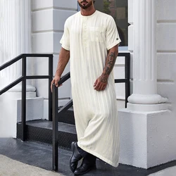 เสื้อคลุมมุสลิมสไตล์อิสลาม gendeless แขนสั้นหลวมกระดุมสีทึบบางยาวกลาง gamis Arab เรียบง่าย unisex