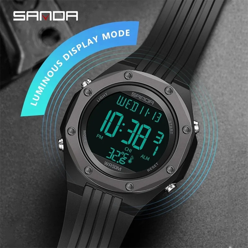 SANDA 6028 2023 New Model Thermometer Environment Single Movement Display Alloy Case Electronic Men\'s Watch Digital Wristwatches