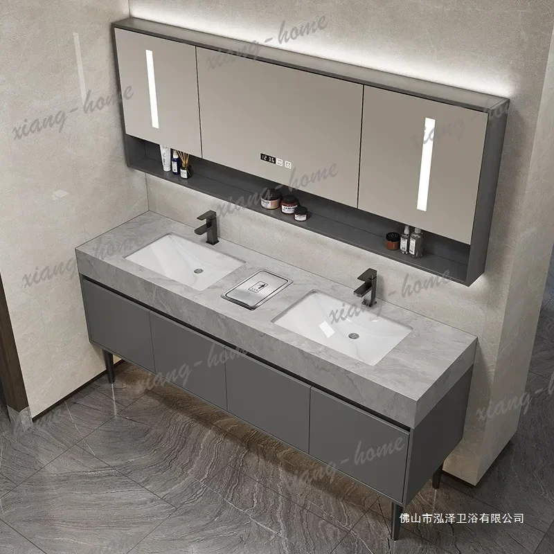 Bathroom Vanity with Double Ceramic Sink Public Toilet Washstand Basin Bathroom Sink Storage Cabinet Freestanding