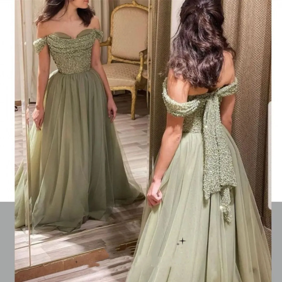 Princess Green A-line Vestidos De Fiesta Elegant Off The Shoulder Evening Dress Manual Sequins Chest Design Prom Dresses