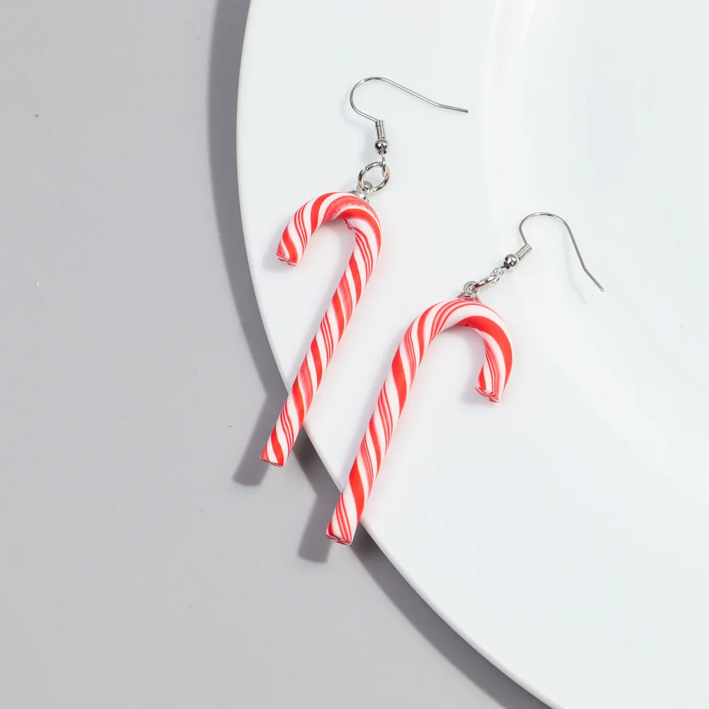 0.5*7.9 Cm Vibrant Candy Cane Dangle Earrings - Cartoon Style Polymer Clay Texture Finish Candy Cane Stick Earrings Christmas