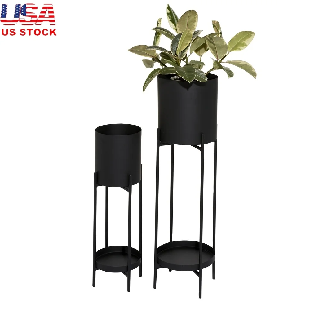 

Modern Metal Cylinder Planter Set of 2 Indoor Outdoor Use Accent Pieces Matte Black Finish Durable Iron Structure 24 33 Inches