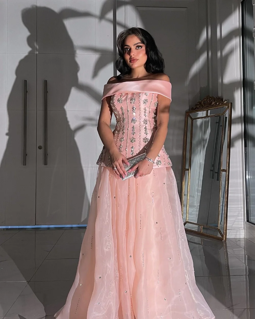 

Customized Sparkle Intricate Organza Sequined Rhinestone A-line Off-the-shoulder Long Dresses Bespoke Occasion Dresses Fashion