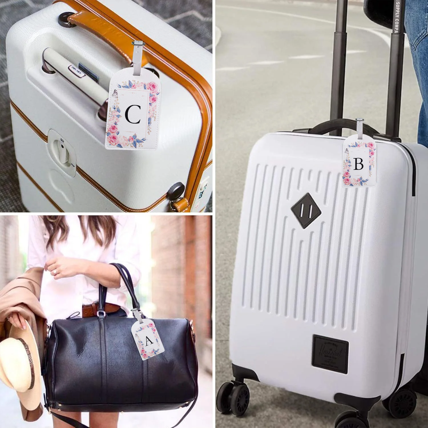 PU Leather Travel Luggage Tags with Privacy Cover for Suitcase Handbags Backpacks Men Women Flower And Letter Baggage Tags