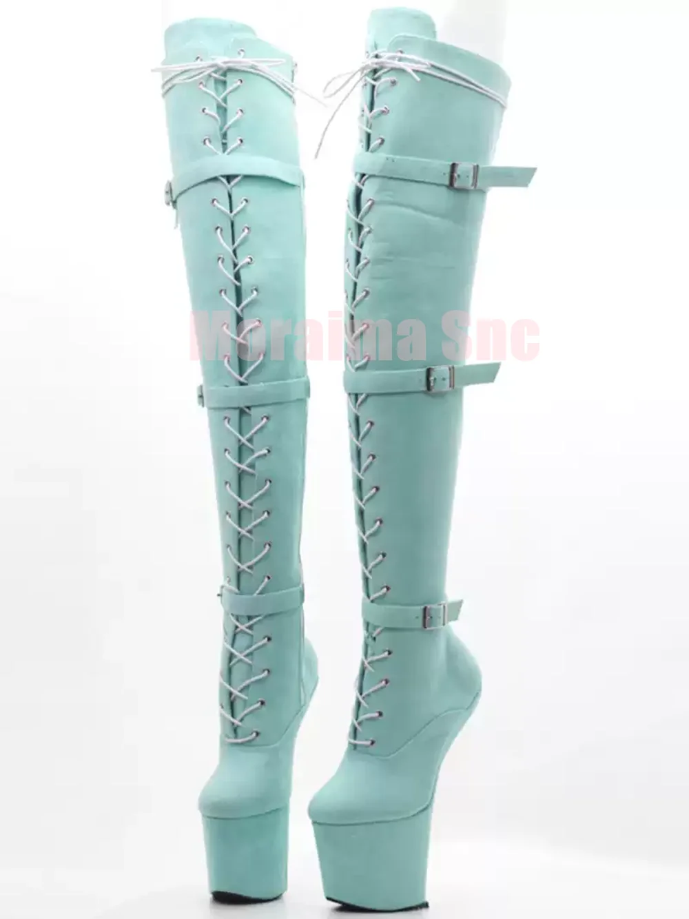 

Platform High Hoof Heel Thigh High Boots Belt Buckle Lace-up Side Zipper Round Toe Sexy Women Over-the Knee Boots Cosplay Suede