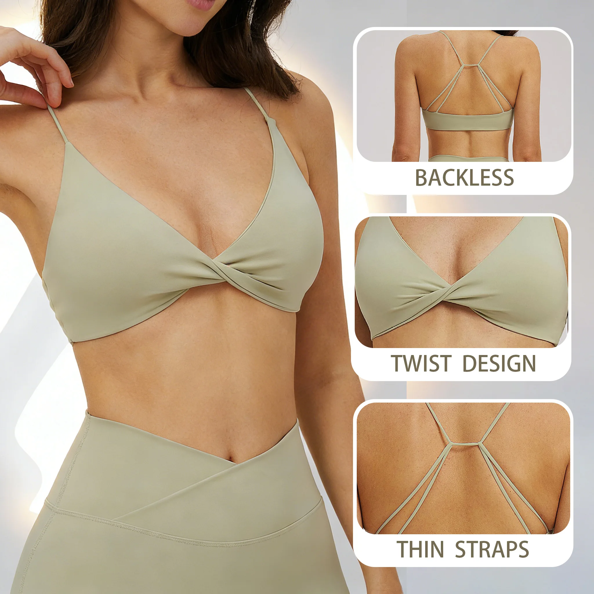 Fleece-Lined V-Neck Sports Bra, Thin-Strap Breathable Backless Yoga Top, Stretchable Fitness Bra for Workout