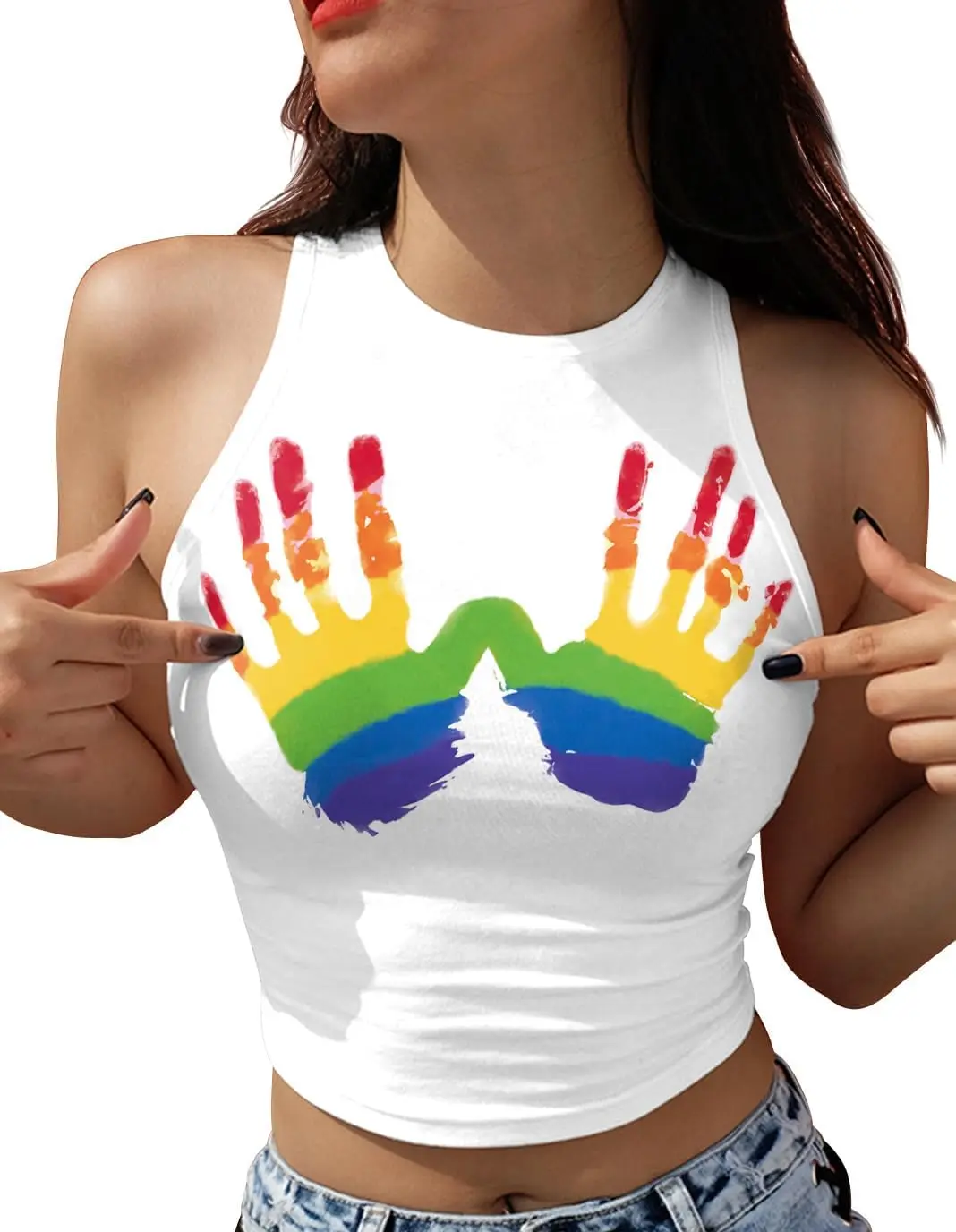Crop tops pour femmes, imprimé rayé arc-en-ciel, style Y2K, t-shirt sans manches, débardeur d'été