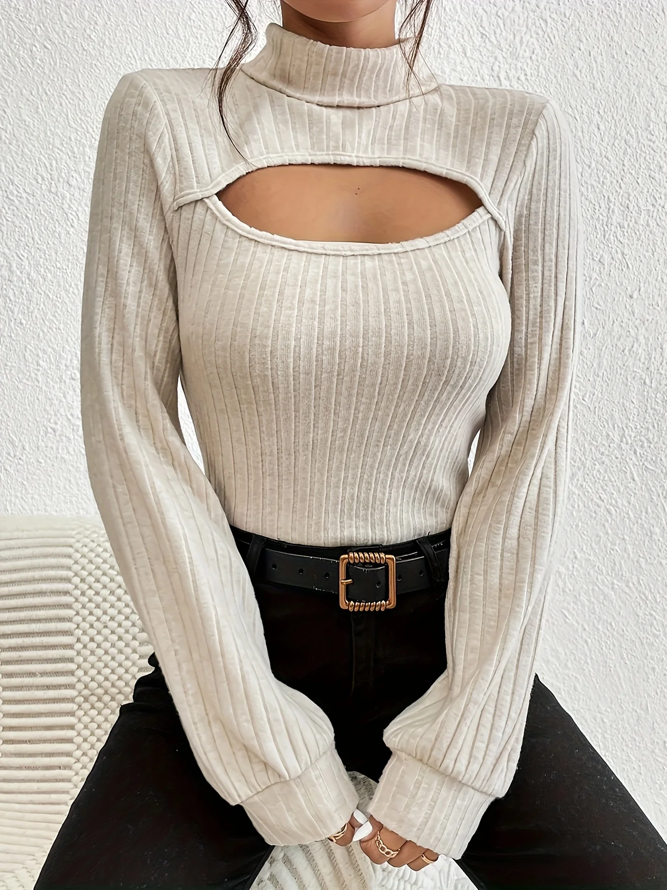 Spring New Half High Collar Lantern Sleeves Top for Women, Slim and Hollow, Sexy and Versatile, Long sleeved Women\'s Khaki