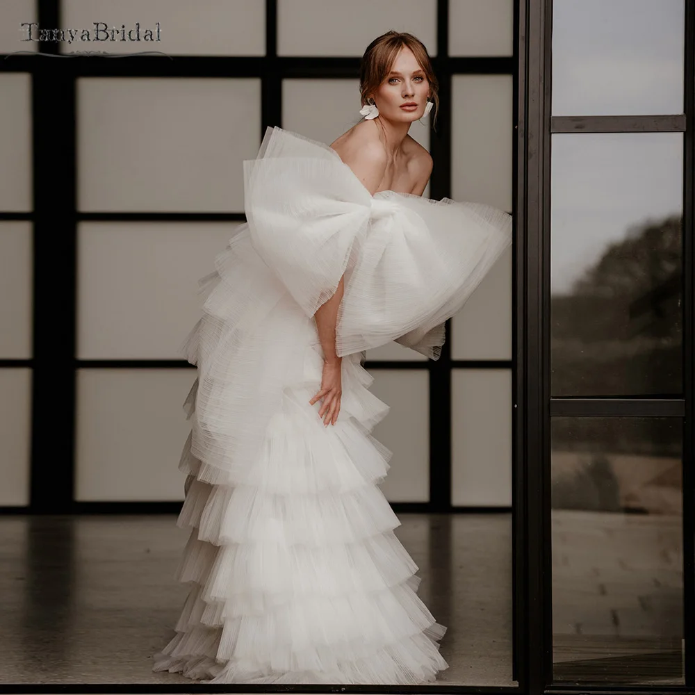 

Многослойные многоярусные мягкие плиссированные свадебные платья из тюля Модные свадебные платья в стиле бохо со съемными тюлевыми бантами DW654