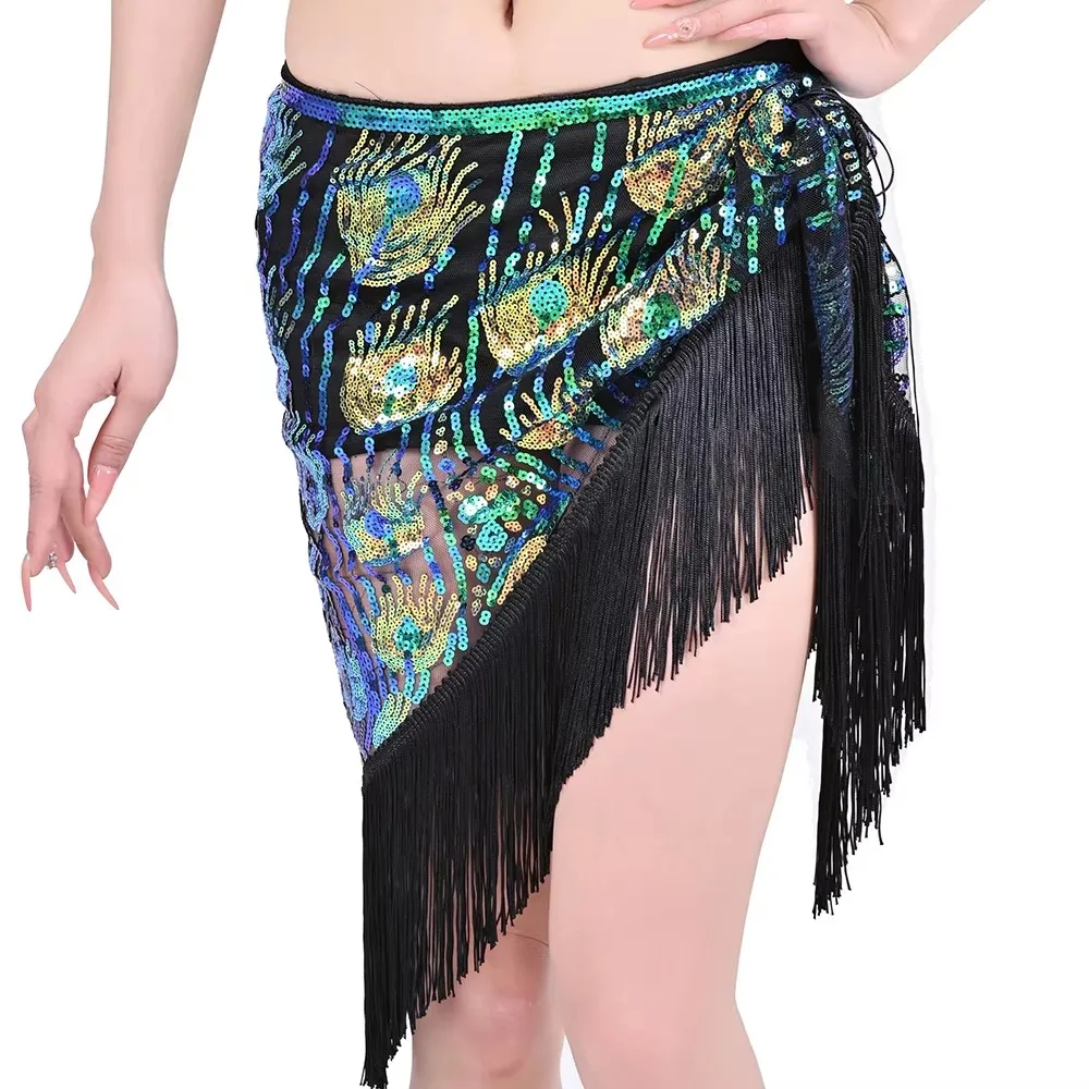 Women Sequins Belly Dance Skirt Lace-Up Hip Scarf Wrap Belly Dancing Hip Skirts Stage Performance Costumes
